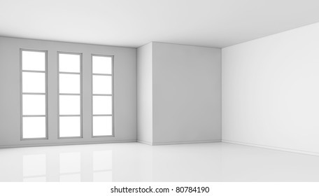 One Empty Bright  Room With Three Big Windows. The Room Is All White With No Textures (3d Render)