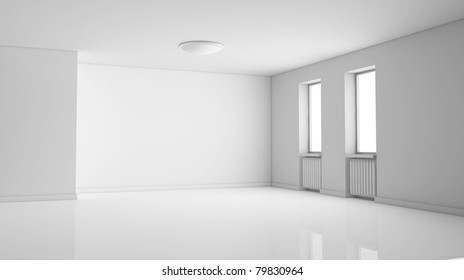 One Empty Bright  Room With Two Windows. The Room Is All White With No Textures (3d Render)