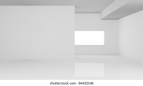 One Empty Bright  Room With One Window, The Room Is All White With No Textures (3d Render)