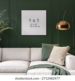 One empty square frame mockup on dark green paneled wall in modern living room in Scandinavian minimalist style with white sofa, gold arc floor lamp, plant and cushions. 3D Rendering.