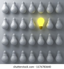 One glowing light bulb standing out from the unlit or dim bulbs on dark white background individuality and think different the business creative idea concepts 3D rendering