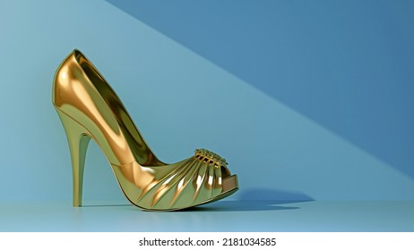 One Gold High Stiletto Heel With Copy Space. 3d Rendering