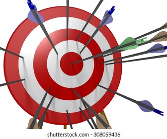 One green arrow shot into the bulls-eye of a red and white archery target with many blue and brown arrows missing the bulls-eye
