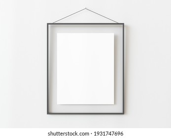 One Grey Rectangular Vertical Frame Hanging On A White Textured Wall Mockup, Flat Lay, Top View, 3D Illustration