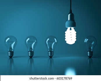 One Hanging Eco Energy Saving Light Bulb Glowing From The Unlit Incandescent Bulbs With Reflection , Stand Out From The Crowd , Leadership And Different Business Creative Idea Concept . 3D Rendering.