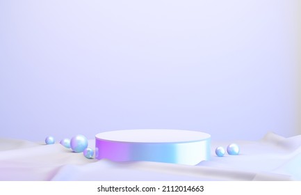 One Hologram Color Podium Cylinder Display Background Pink Blue Light With Cloth Floor. 3D Illustration Rendering.