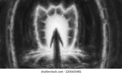 One Hooded Man Stands Inside Cave. Ritual Room An Ancient Temple. Spooky Dark Monk Illustration. Horror Fantasy Genre. Scary Character From Nightmares. Coal Noise Effect. Black White Background.