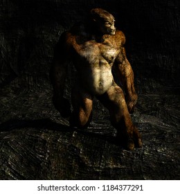 One Huge And Muscular Evil Brown Troll. He Stands Exactly On The Spot And Looks Carefully Aside. 3D Rendering, 3D Illustration