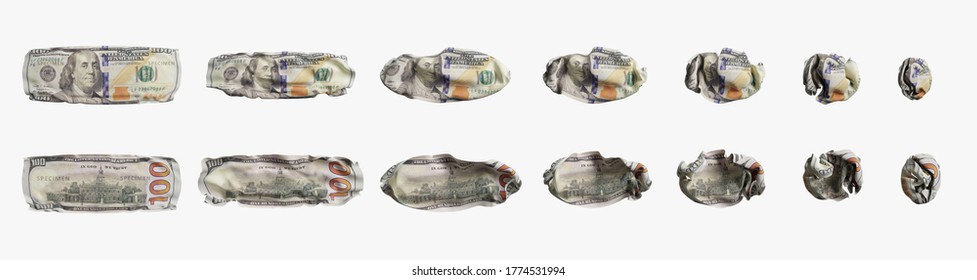 One Hundred Dollar Bill In Different Stages Of Crushing, Front And Back. Crumpled 100 USD Bill. 3D Render