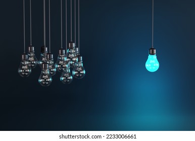One light bulb on the background of many extinguished light bulbs. Business concept, idea discovery, idea. Brainstorming, and teamwork. 3D render, 3D illustration.