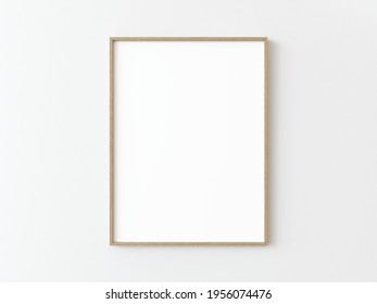 One light wood thin rectangular vertical frame hanging on a white textured wall mockup, Flat lay, top view, 3D illustration