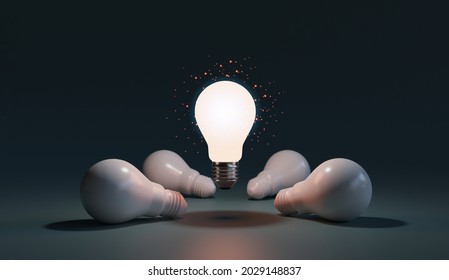 One Of Lightbulb Glowing Among Shutdown Light Bulb  In Dark Area With Copy Space For Creative Thinking , Problem Solving Solution And Outstanding Concept By 3d Rendering Technique.