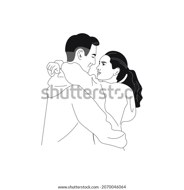 One Line Art Couple, Men and woman, Minimal. Kiss print. 2 hugging people. 