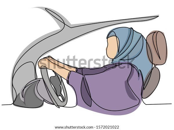 one line continuous painted muslim woman driving a car\
drawn by hand silhouette picture. Line art. character female Muslim\
woman in the zijab at the wheel color illustration of a Muslim\
person \
