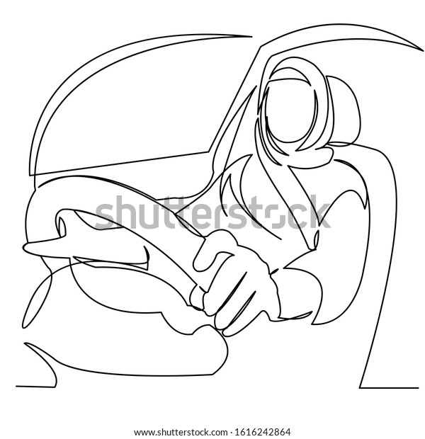 one line continuous painted muslim\
woman driving a car drawn by hand silhouette picture. Line art.\
character female Muslim woman in the zijab at the\
wheel