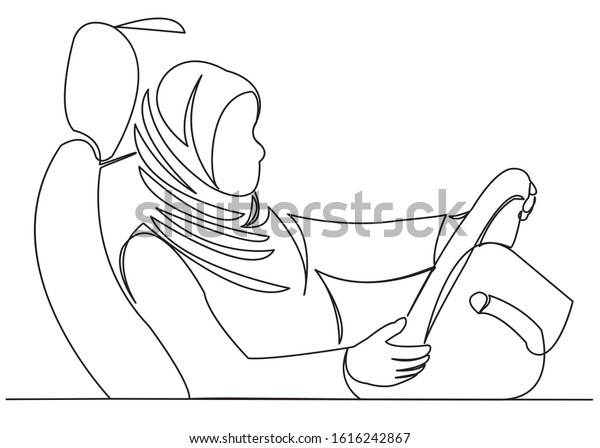 one line continuous painted muslim
woman driving a car drawn by hand silhouette picture. Line art.
character female Muslim woman in the zijab at the
wheel