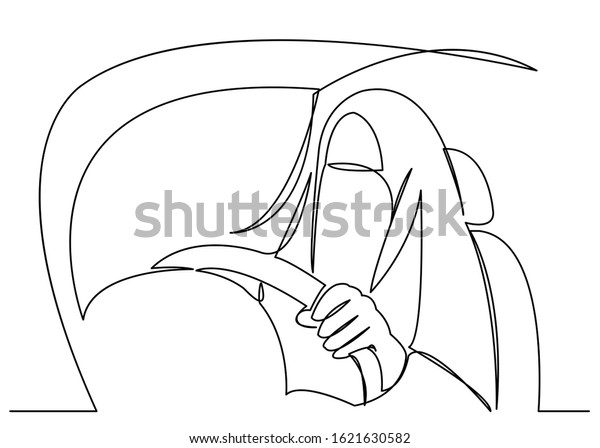 one line continuous painted muslim\
woman driving a car drawn by hand silhouette picture. Line art.\
character female Muslim woman in the zijab at the\
wheel