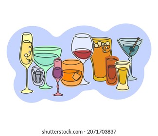 One Line Continuous Line Way Champagne Vermouth Vodka Liquor Whiskey Red Wine Beer Rum Tequila Martini Glass. Bar Banner. Objects Are Arranged In A Group. Hand Drawn Party Drinks.
