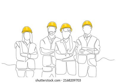 One line drawing of male and female building builder groups wearing helmet. Great team work concept. Trendy continuous line draw design graphic vector illustration - Powered by Shutterstock