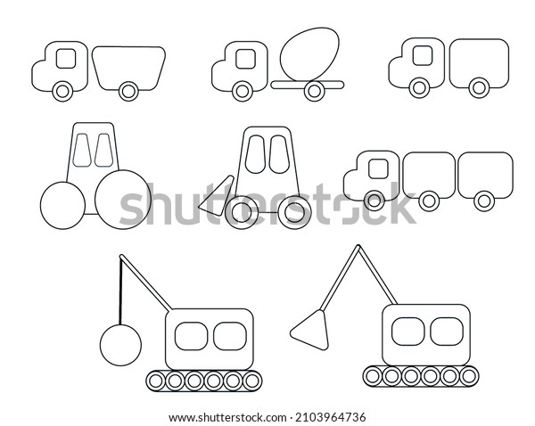 one line is drawn of cars and equipment on a\
white background