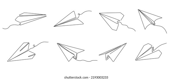 One Line Paper Plane. Origami Airplane, Send Message Concept And Flying Paper Airplanes  Illustration Set Of Plane Origami Drawing Flight