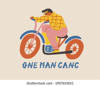 One Man Gang Poster Or Card With A Brutal Men Biker Riding A Motorcycle Illustration.