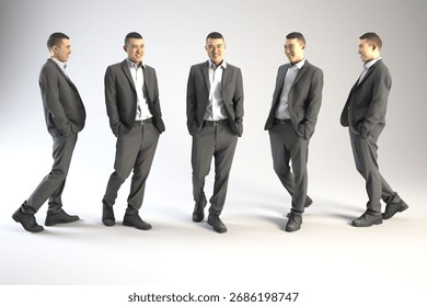 One man posing in five different angles wearing a suit.