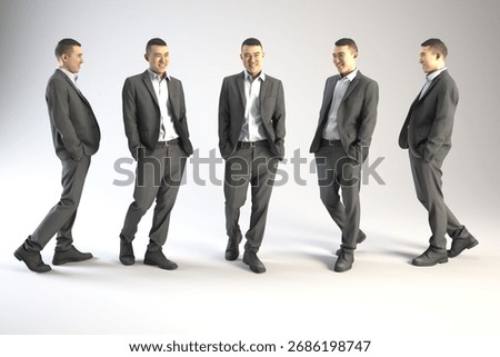 One man posing in five different angles wearing a suit.