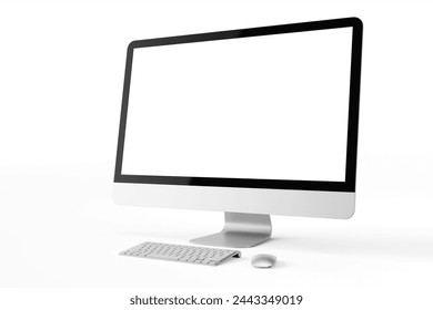 one modern tech blank lcd responsive monitor screen display desktop computer device realistic mockup template with keyboard and mouse 3d render illustration isolated perspective view