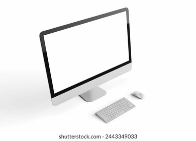 one modern tech blank lcd responsive monitor screen display desktop computer device realistic mockup template with keyboard and mouse 3d render illustration isolated top perspective view