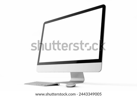 one modern tech blank lcd responsive monitor screen display desktop computer device realistic mockup template with keyboard and mouse 3d render illustration isolated perspective view