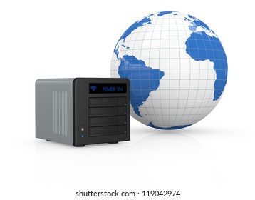 One Nas (network Attached Storage) With A World Map (3d Render)