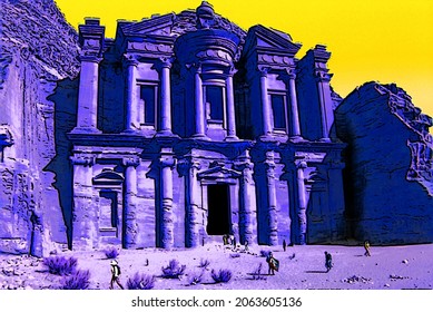 One of new seven wonders of the world Petra Jordan sign illustration pop-art background icon with color spots