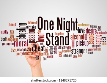 One Night Stand Word Cloud And Hand With Marker Concept On Gradient  Background.