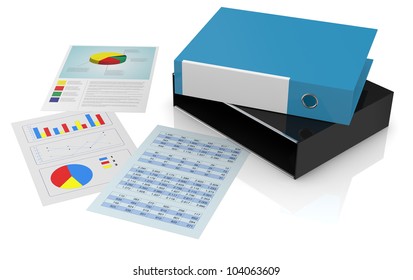 one office folder with some sheets with financial data (3d render)