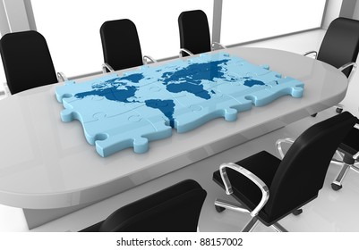 one office room with a world map made with puzzle pieces on the table (3d render)