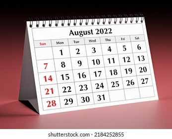 One page of the annual business desk monthly calendar. Date - month Aaugust 2022. 3d rendering