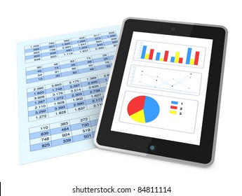 one paper with  a spreadsheet and a tablet that shows charts, concept of technology supporting the financial analysis (3d render)
