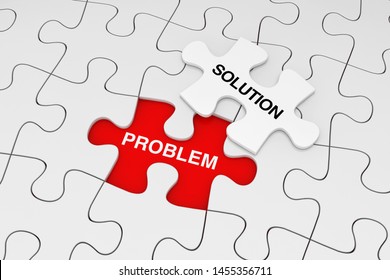 One Piece Of White Jigsaw Puzzle Over Plain Of White Puzzle With Problem And Solution Words On A Red Background. 3d Rendering 