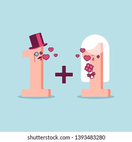 One Plus One Equal Love. A Cartoon Flat Design Illustration Mathematics Wedding.