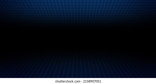 One Point Perspective Blue Light Over And Under Grid On Dark Background, Copy Space Composition, Retro Technology Concept