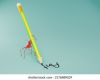 One Red Ant 3D Rendering Model Is Using Pencil To Write The Word Ant In English On Light Navy Green Background Education Concept And Learning English Alphabet 3D Illustration