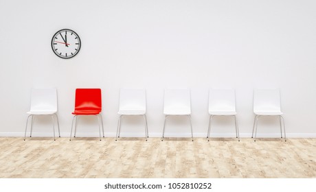 One Red Chair Between White Chairs In The Waiting Room - 3D Rend