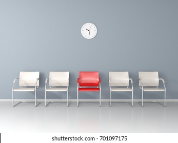 One Red Chair Between White Chairs In The Waiting Room 3D Render