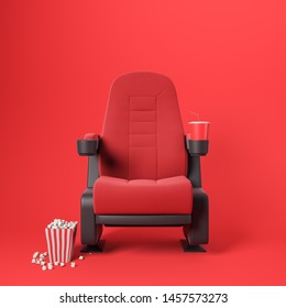 One red cinema chair with fizzy drink and box of popcorn over red background. Concept of entertainment. 3d rendering