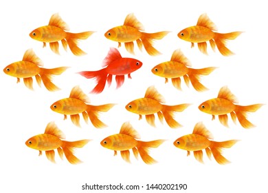 One Red Fish Swims Backwards. Different, Opposite Opinion,  One Among Others Concept. Bright Clip Art On White Background