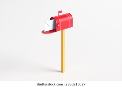 Un buzón de correo rojo con un sobre en un fondo blanco. 3.ª ilustración de representación