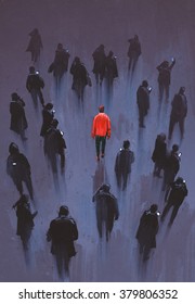 One Red Man Standing With Other People With Phone,unique Person In The Crowd,illustration