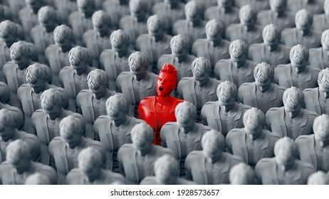 One Red standing Men screaming among Large Crowd grey people. 3d rendering