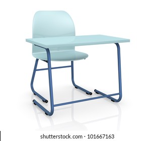 One School Desk With A Chair On White Background (3d Render)